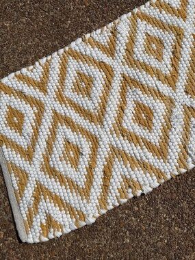 Handwoven White and Mustard Diamond Accent Rug